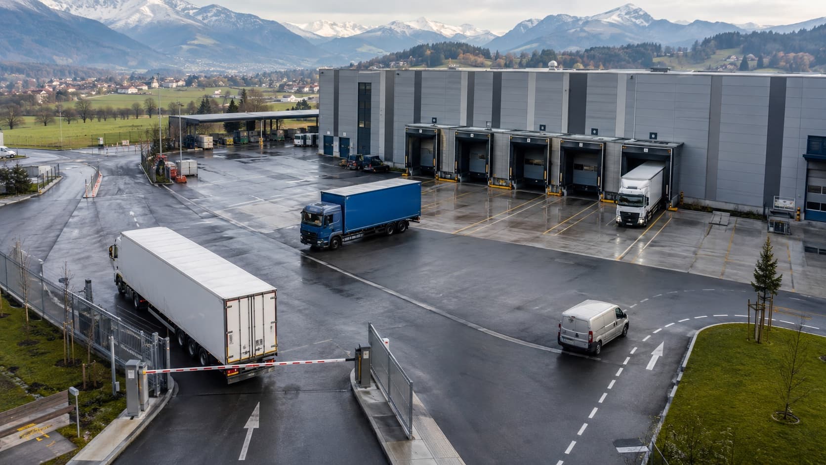 Kameraansicht eines Logistikhofs mit Einfahrt, wartenden Fahrzeugen und Laderampen