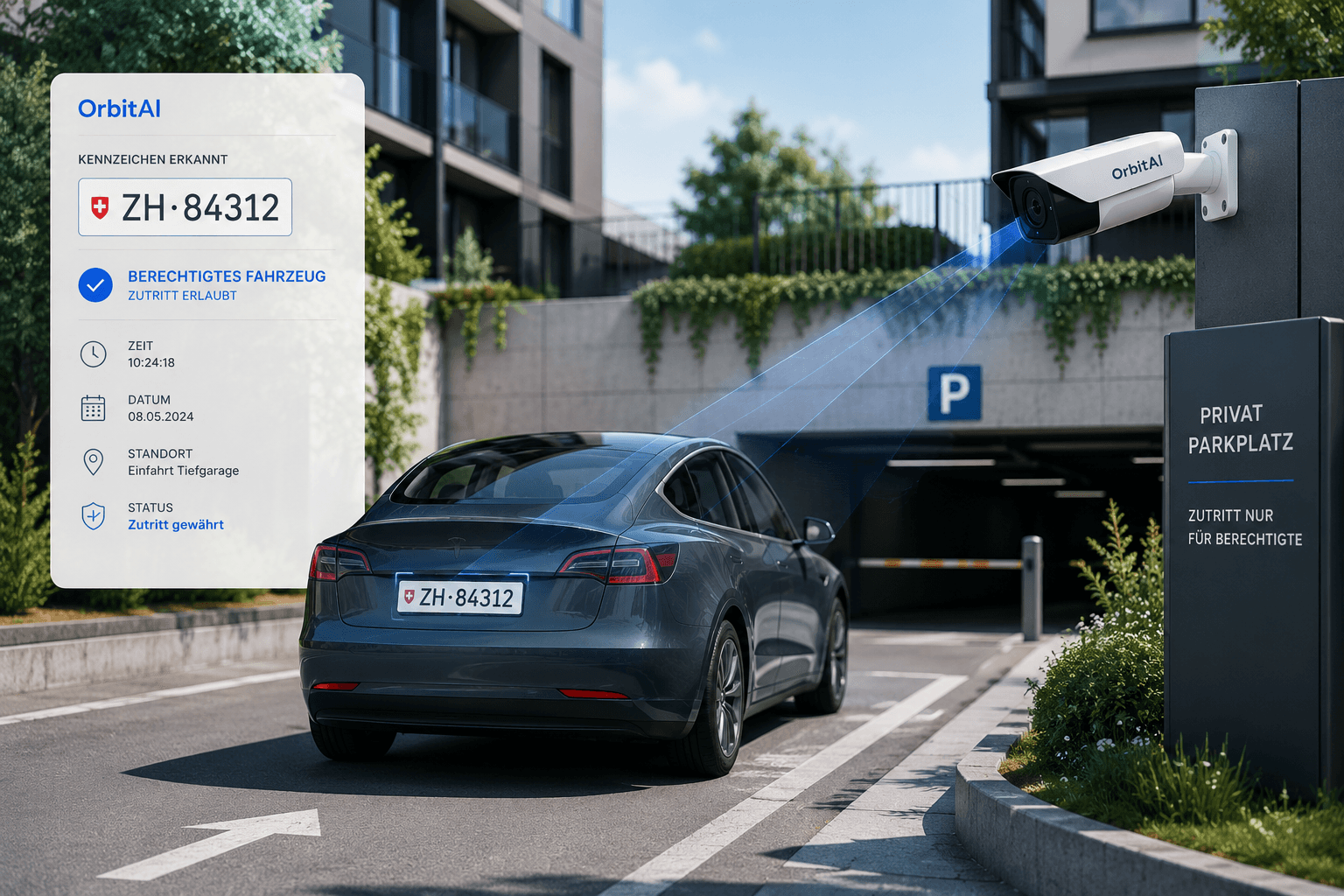 OrbitAI erkennt ein berechtigtes Fahrzeug an einer Tiefgarageneinfahrt